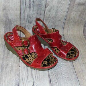FLY LONDON Red Leather Wedge Sandals Womens Size EU 39